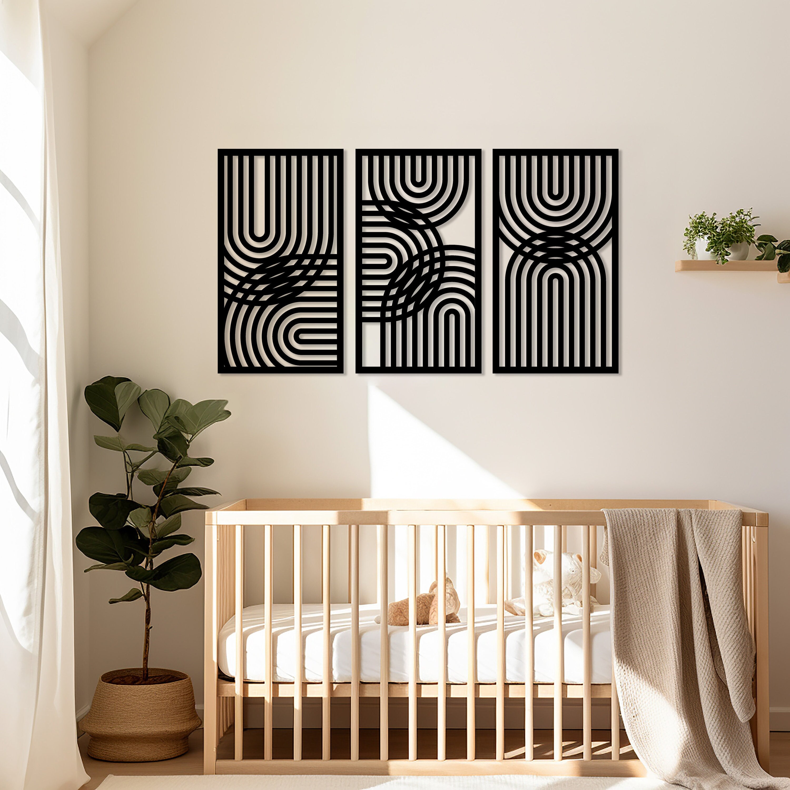 Geometric Lines Panel Set of 3 Wood Wall Art Decor, Boho Abstract Line ...