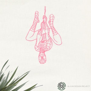May include: Pink line art of Spider-Man hanging upside down from a web. The superhero is depicted in a classic pose, with his arms and legs outstretched. The image is set against a white background, with green leaves in the lower left corner.