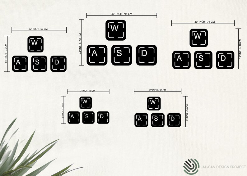 May include: Five different sizes of black and white keyboard stickers with the letters W, A, S, and D. The stickers are shown with measurements in inches and centimetres.