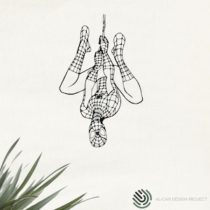 May include: Black line art of Spider-Man hanging upside down from a web. The superhero is depicted in his iconic suit, with web detailing. The image is a minimalist design, suitable for wall art or decor.