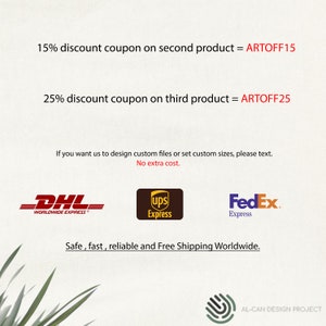 Puede incluir: Un fondo blanco con texto que dice "15% de descuento en el segundo producto = ARTOFF15" y "25% de descuento en el tercer producto = ARTOFF25". Debajo del texto se encuentran los logotipos de DHL, UPS y FedEx. El texto "Env&iacute;o seguro, r&aacute;pido, confiable y gratuito en todo el mundo." se encuentra debajo de los logotipos. El texto "Si desea que dise&ntilde;emos archivos personalizados o establezcamos tama&ntilde;os personalizados, env&iacute;enos un mensaje. Sin costo adicional." se encuentra arriba de los logotipos.