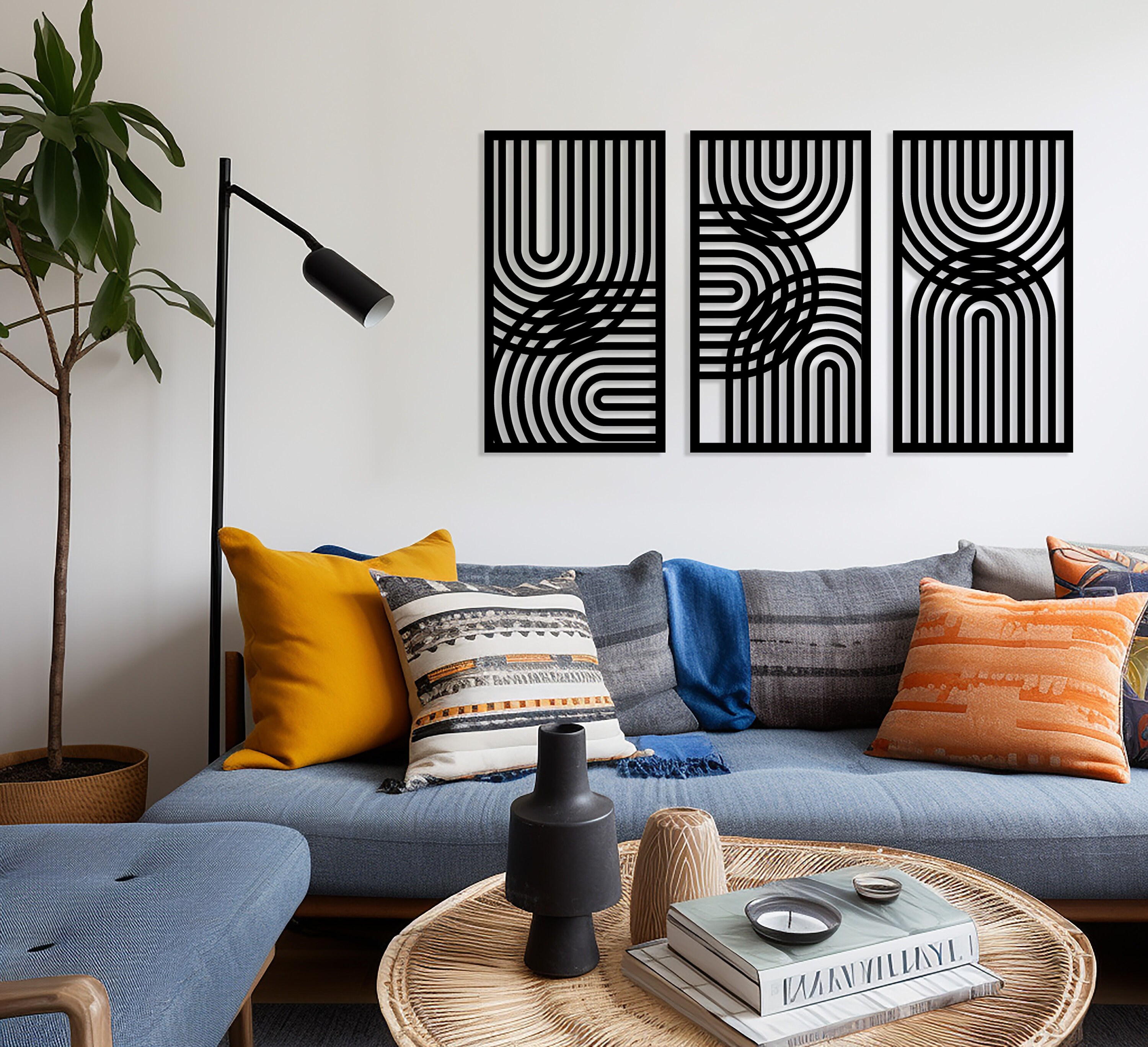Geometric Lines Panel Set of 3 Wood Wall Art Decor, Boho Abstract Line ...