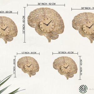Puede incluir: Cinco relojes de pared de madera con forma de cerebro en varios tama&ntilde;os. Los relojes son todos de madera marr&oacute;n claro y tienen un dise&ntilde;o simple. El reloj m&aacute;s grande tiene 92 cm de di&aacute;metro y el m&aacute;s peque&ntilde;o 30 cm de di&aacute;metro.