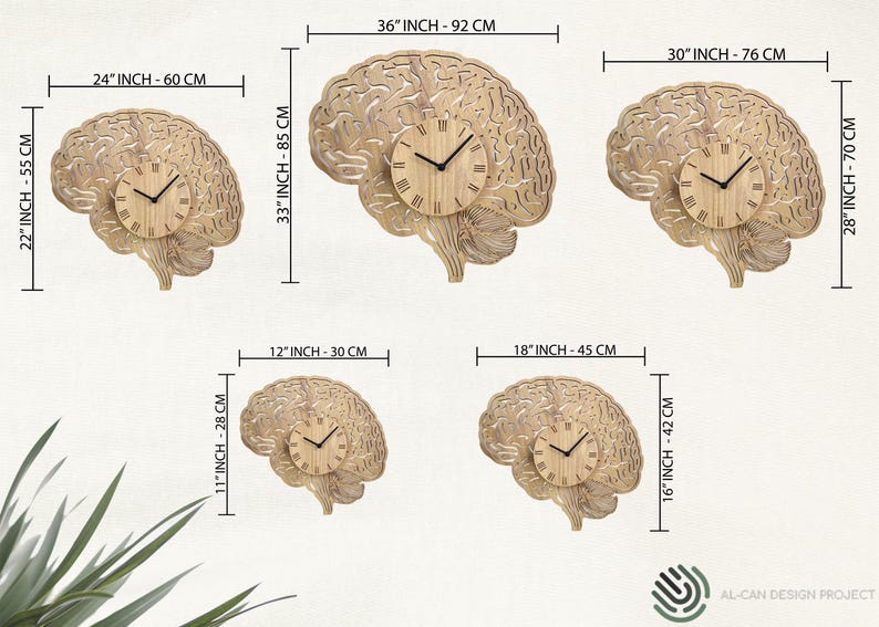 Puede incluir: Cinco relojes de pared de madera con forma de cerebro en varios tama&ntilde;os. Los relojes son todos de madera marr&oacute;n claro y tienen un dise&ntilde;o simple. El reloj m&aacute;s grande tiene 92 cm de di&aacute;metro y el m&aacute;s peque&ntilde;o 30 cm de di&aacute;metro.