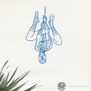 May include: Blue line art illustration of Spider-Man hanging upside down. The superhero is depicted in his iconic suit, with web detailing. The image is set against a white background, with a hint of green foliage in the lower left corner.