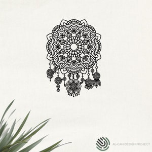 May include: A black and white mandala design with intricate details and dangling beads. The mandala is circular and has a floral pattern.