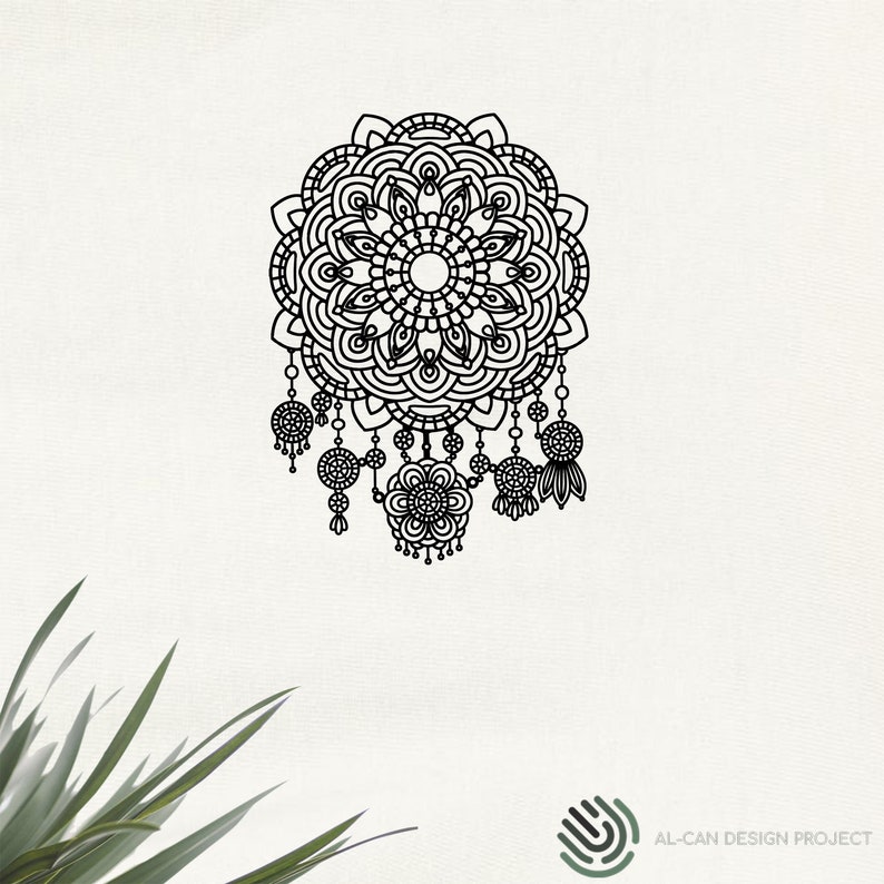 May include: A black and white mandala design with intricate details and dangling beads. The mandala is circular and has a floral pattern.