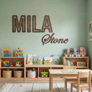 Puede incluir: Una sala de juegos para ni&ntilde;os con estanter&iacute;as de madera, juguetes y libros. El nombre "MILA Stone" se muestra en la pared con letras de madera. La habitaci&oacute;n cuenta con una mesa, sillas y una alfombra.