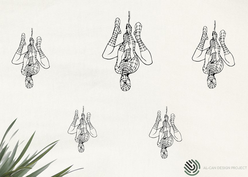 May include: A minimalist line art design featuring five Spider-Man figures hanging upside down. The black and white illustrations are set against a neutral background, with the superhero's iconic webbed suit clearly visible. The design includes the "AL-CAN DESIGN PROJECT" logo.