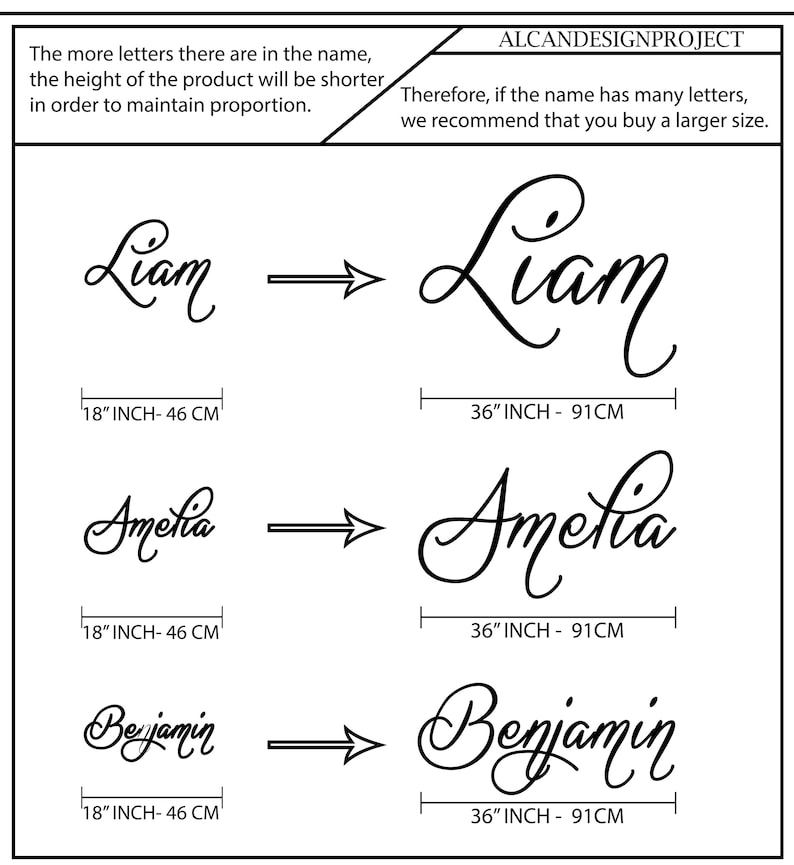 Puede incluir: Gr&aacute;fico en blanco y negro que muestra ejemplos de nombres en fuente cursiva. Los nombres Liam, Amelia y Benjamin se muestran en dos tama&ntilde;os: 46 cm y 91 cm. El texto en la parte superior explica que la altura del producto ser&aacute; m&aacute;s corta con m&aacute;s letras.