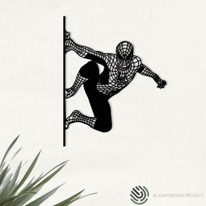 Op de afbeelding: Zwarte silhouet van een superheld met een webpak, die een muur beklimt. De superheld bevindt zich in de lucht, met &eacute;&eacute;n been tegen de muur en het andere been gestrekt.