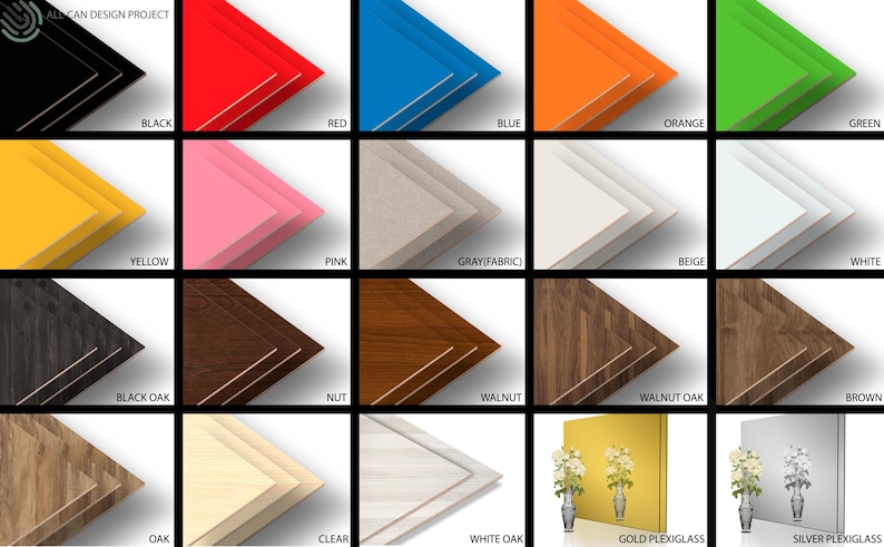 Puede incluir: Una cuadr&iacute;cula de muestras de colores y materiales, incluyendo negro, rojo, azul, naranja, verde, amarillo, rosa, tela gris, beige, blanco, roble negro, nuez, nogal, roble nogal, marr&oacute;n, roble, transparente, roble blanco, plexigl&aacute;s dorado y plexigl&aacute;s plateado. El texto "ALGAN DESIGN PROJECT" es visible.
