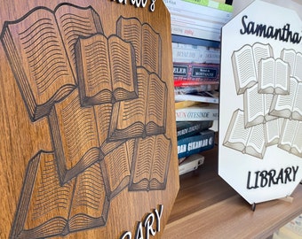 Letrero personalizado para biblioteca, letrero de madera para amantes de los libros, decoración para estanterías, regalo para amantes de los libros, librería a medida, letrero para rincón de lectura, decoración para habitación de lectores.