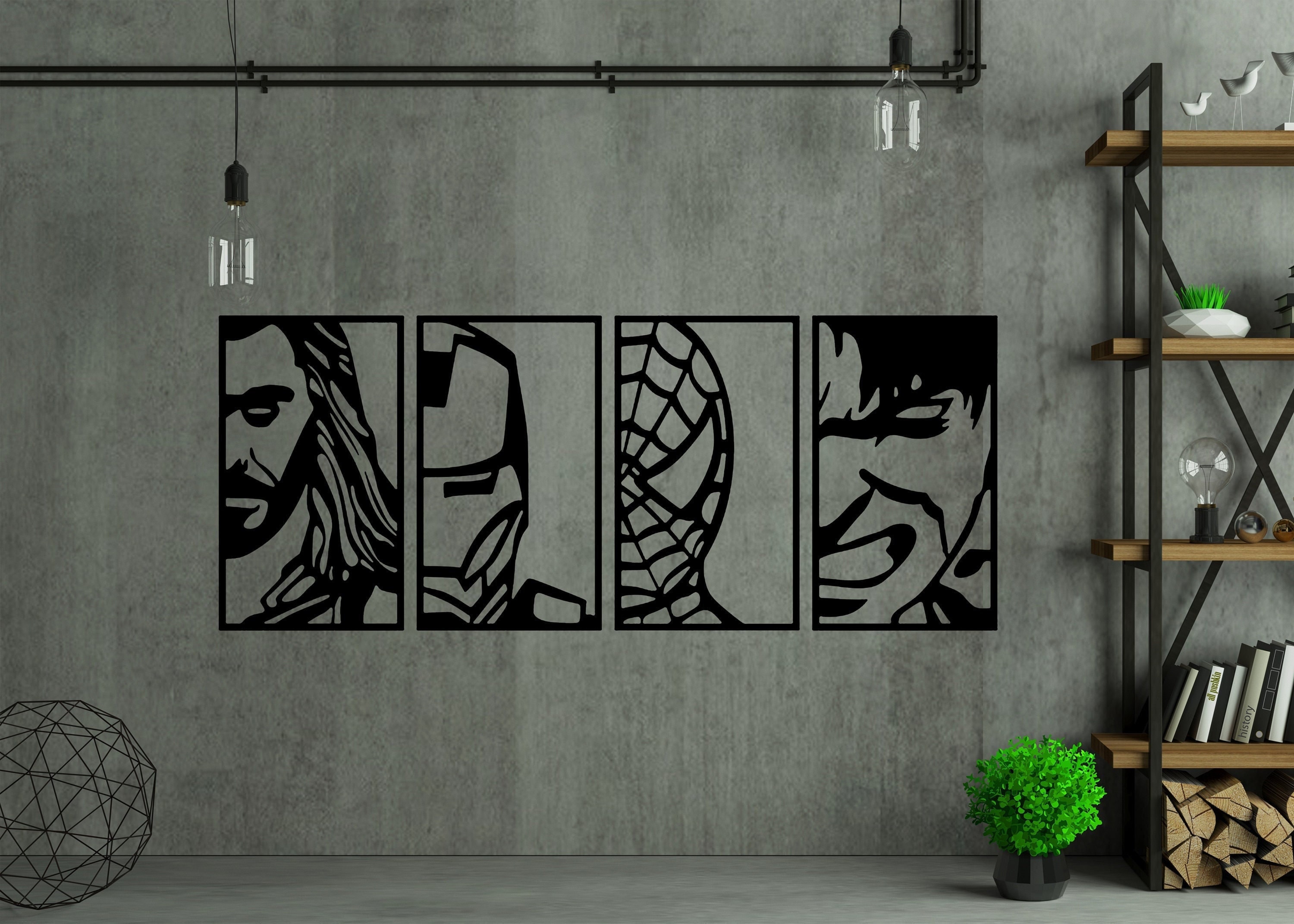 Avengers Face Portraits, Wood Wall Art Set, Geometric Framed, Avenger Superheroes, Wooden Art, Spiderman, Thor, Hulk, Ironman, Wall Hangings