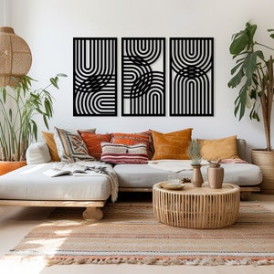 Geometric Lines Panel Set of 3 Wood Wall Art Decor, Boho Abstract Line ...