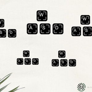 May include: Five different arrangements of black and white keyboard keys spelling out "WASD" in a pyramid shape. The keys are arranged in a pyramid shape with the "W" key at the top and the "A", "S", and "D" keys below.