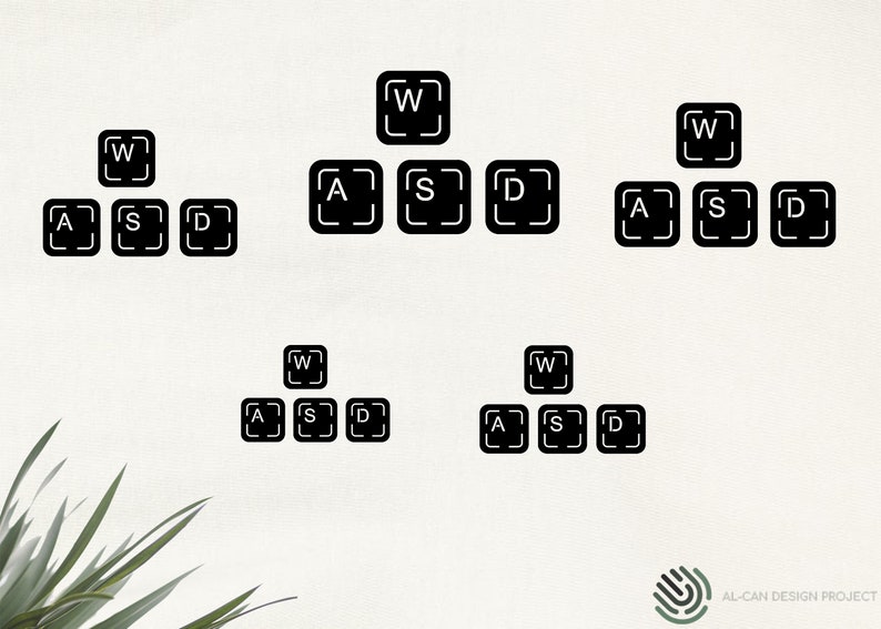May include: Five different arrangements of black and white keyboard keys spelling out "WASD" in a pyramid shape. The keys are arranged in a pyramid shape with the "W" key at the top and the "A", "S", and "D" keys below.