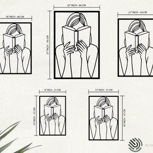 Puede incluir: Conjunto de cinco impresiones de pared de metal negro con un dibujo de l&iacute;nea de una persona leyendo un libro. Las impresiones est&aacute;n disponibles en varios tama&ntilde;os, que van desde 20 cm hasta 64 cm.