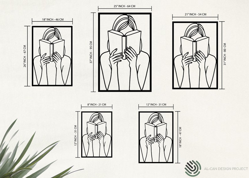 Puede incluir: Conjunto de cinco impresiones de pared de metal negro con un dibujo de l&iacute;nea de una persona leyendo un libro. Las impresiones est&aacute;n disponibles en varios tama&ntilde;os, que van desde 20 cm hasta 64 cm.