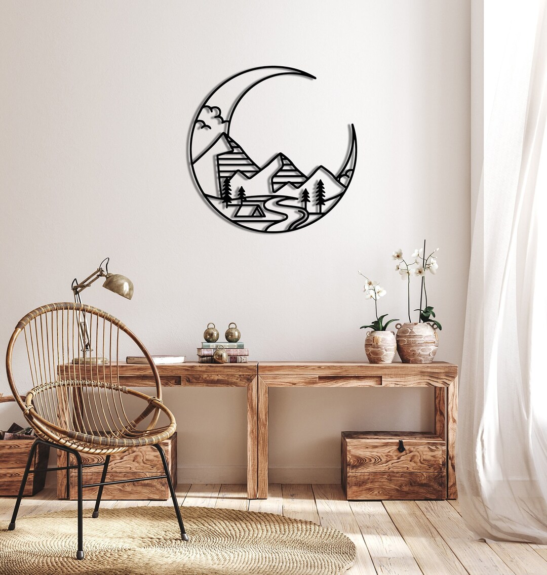 Crescent Moon Wall Decor, Mountain Landscape Wall Art, Geometric Design