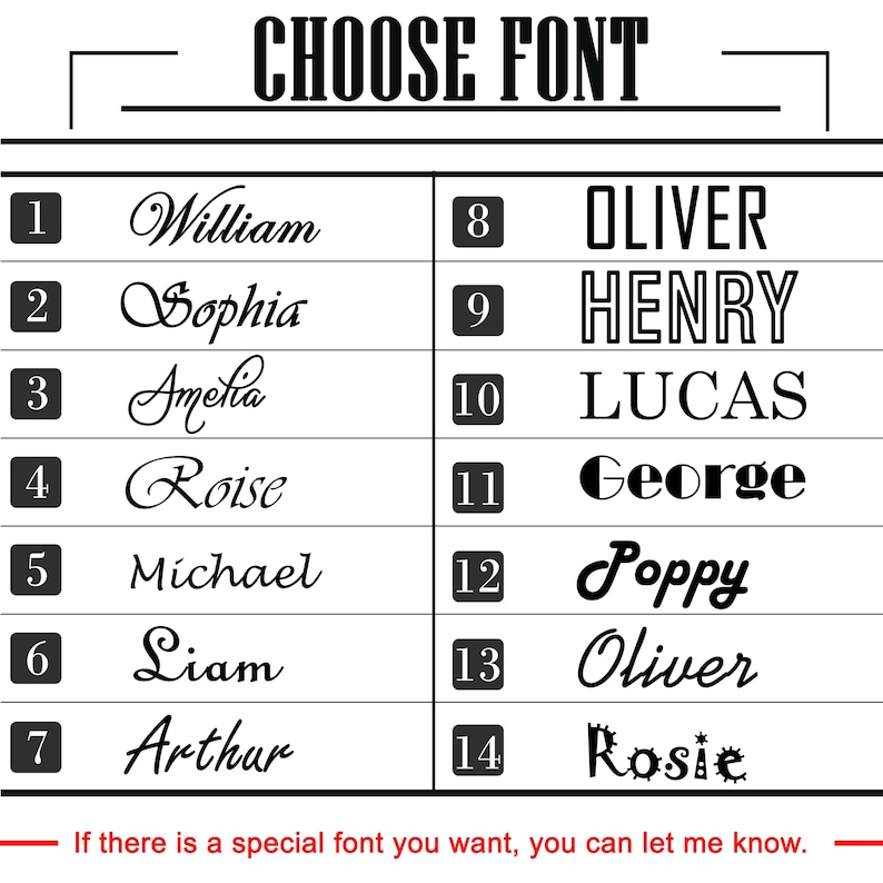 Puede incluir: Un gr&aacute;fico en blanco y negro que muestra opciones de fuentes. El texto "CHOOSE FONT" est&aacute; en la parte superior. Se muestran catorce estilos de fuente, cada uno con un nombre y un n&uacute;mero. El texto inferior dice: "If there is a special font you want, you can let me know."