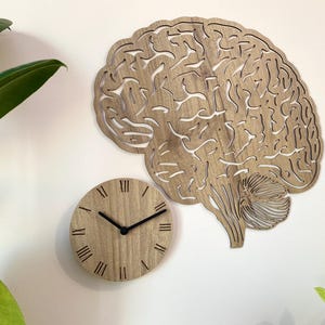 Puede incluir: Un reloj de pared de madera con n&uacute;meros romanos en la esfera, con forma de cerebro humano. El reloj est&aacute; montado en una pared blanca.