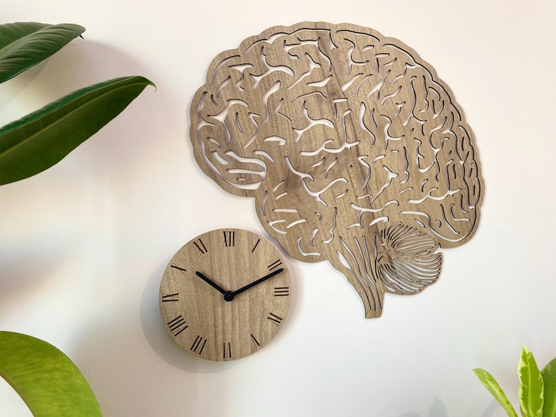 Puede incluir: Un reloj de pared de madera con n&uacute;meros romanos en la esfera, con forma de cerebro humano. El reloj est&aacute; montado en una pared blanca.