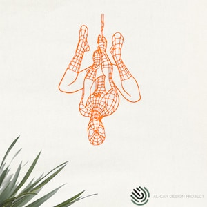 May include: Orange line art of Spider-Man hanging upside down from a web. The illustration shows the superhero's full body, with detailed webbing patterns on the suit. The design is set against a neutral background.
