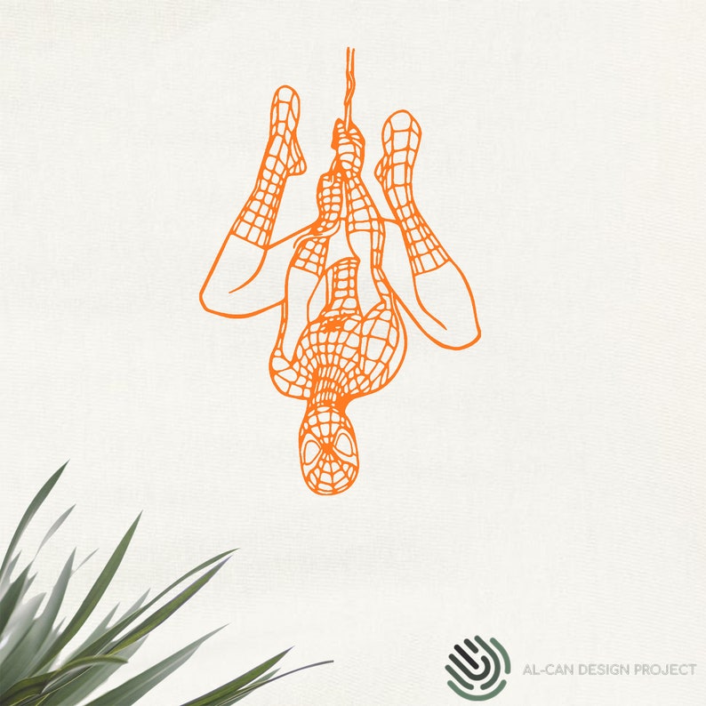 May include: Orange line art of Spider-Man hanging upside down from a web. The illustration shows the superhero's full body, with detailed webbing patterns on the suit. The design is set against a neutral background.