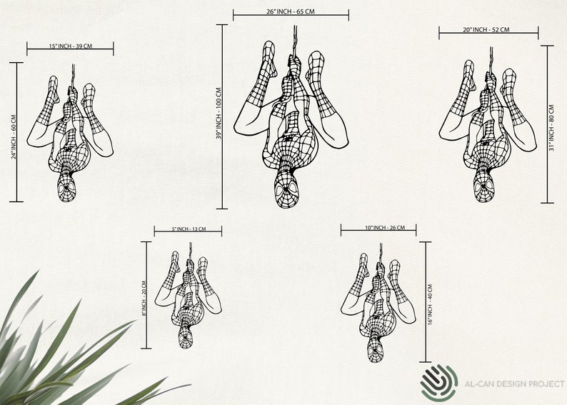 May include: Black and white line art of Spider-Man in various sizes, hanging upside down. The largest is 39 inches tall and 26 inches wide. The smallest is 8 inches tall and 5 inches wide. The image includes measurements in inches and centimeters.