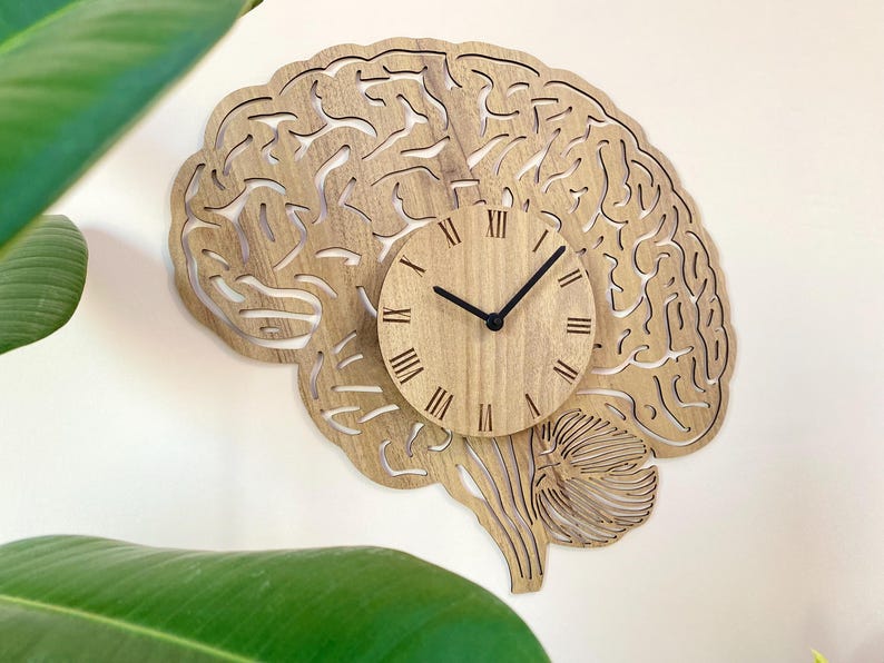 Puede incluir: Un reloj de pared de madera con forma de cerebro humano con una esfera de reloj en el centro. La esfera del reloj tiene n&uacute;meros romanos y manecillas negras.
