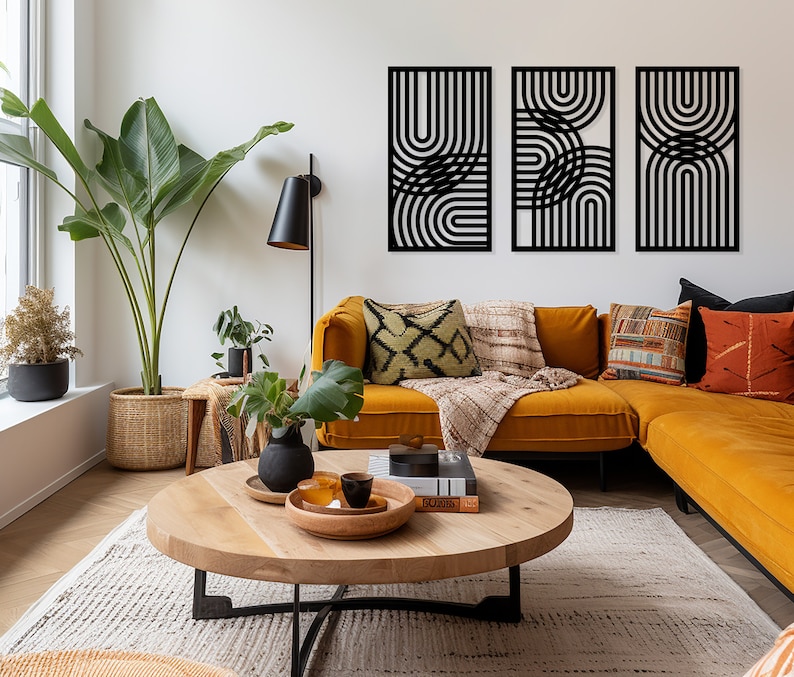 Geometric Lines Panel Set of 3 Wood Wall Art Decor, Boho Abstract Line ...