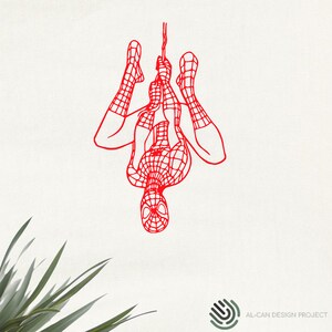 May include: A red line drawing of Spider-Man hanging upside down from a web. The illustration is on a white background with green leaves in the lower left corner. The artist's logo is in the lower right corner.