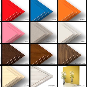 Puede incluir: Un collage de 15 opciones diferentes de color y veta de madera para un marco de fotos. Los colores incluyen negro, rojo, azul, naranja, verde, amarillo, rosa, gris, beige, blanco, roble negro, nuez, nogal, roble nogal y marr&oacute;n. Las opciones de veta de madera incluyen roble, claro, roble blanco, plexigl&aacute;s dorado y plexigl&aacute;s plateado. El texto "ALCAN DESIGN PROJECT" est&aacute; en la parte superior de la imagen.