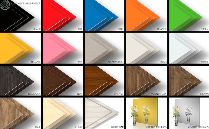 Puede incluir: Un collage de 15 opciones diferentes de color y veta de madera para un marco de fotos. Los colores incluyen negro, rojo, azul, naranja, verde, amarillo, rosa, gris, beige, blanco, roble negro, nuez, nogal, roble nogal y marr&oacute;n. Las opciones de veta de madera incluyen roble, claro, roble blanco, plexigl&aacute;s dorado y plexigl&aacute;s plateado. El texto "ALCAN DESIGN PROJECT" est&aacute; en la parte superior de la imagen.