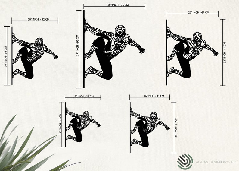 Op de afbeelding: Vijf verschillende maten van een zwart silhouet van Spiderman die aan een muur kleeft. De maten zijn 33 cm, 41 cm, 43 cm, 51 cm en 76 cm.