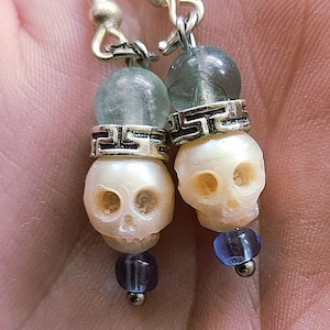 Emperor Skull Pearl Earrings (handcarved with Fluorite)