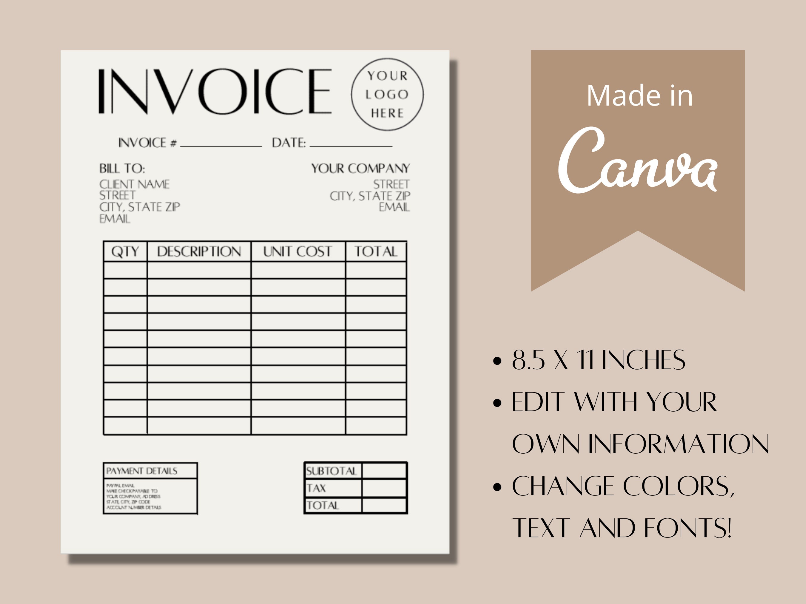 Invoice Template Printable Invoice Canva Invoice Small - Etsy