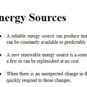 Könnte beinhalten: Text, der die Eigenschaften von zuverlässigen, erneuerbaren und reaktionsschnellen Energiequellen beschreibt. Der Text hebt die Bedeutung von Energiequellen hervor, die den Bedarf decken können, nachhaltig sind und sich an Veränderungen des Energiebedarfs anpassen können.