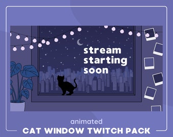 Może przedstawiać: Animowany overlay Twitch "stream starting soon" z czarną sylwetką kota patrzącego przez okno na panoramę miasta z półksiężycem i gwiazdami. Okno jest ozdobione girlandą białych światełek. Tekst "stream starting soon" jest białymi literami na ciemnoniebieskim tle.