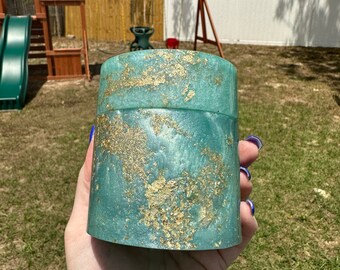 Seafoam green and gold large storage jar