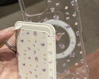 Clear Floral Case with Magnetic Charge and Card Slot Attachment For iPhone 11,12/PM,13/Pro/PM,14/Plus/Pro/PM,15/Plus/Pro/P M,16/Pro/P M/Plus