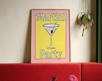 Martini Party Cocktail Print, Cocktail Drinks, A2, A3, A4, Colourful Art, Bar Prints, Wall Art, Vintage Drinks, Kitchen Decor, Bar Inspo
