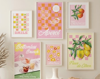 Pink & Orange Gallery Wall Set of 6, Colourful Art, Trendy Prints, Cocktail Prints