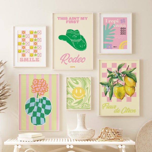 Pink & Green Gallery Wall Set of 6, Colourful Art, Trendy Prints, Wall Decor, Summer Prints, Print Bundle, Pink Prints