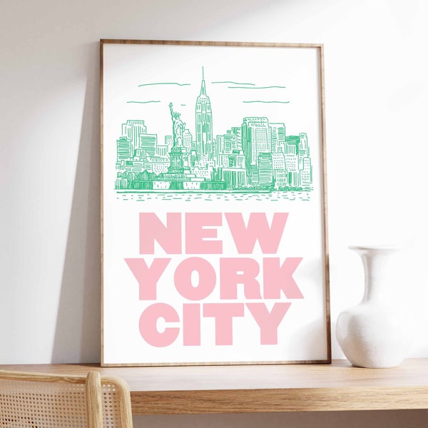 New York City Print, Wall Art, A3, A4, Colourful Art, Retro Prints, Pink Prints, Trendy Poster, NYC, Travel Print, Wall Decor