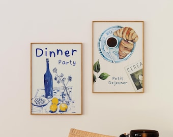 Set of 2 Dinner Party and Breakfast, Food Theme Print Set, Gallery Wall, Trendy Decor, Wall Set, Kitchen Wall Art Set, A2, A3, A4, Neutral