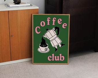 Green Coffee Club Poster, Coffee Poster Print, Wall Art, Trendy Art, Prints, A2, A3, A4, Wall Decor, Coffee Lover Wall Art, Kitchen Print