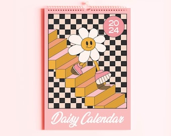 Calendrier marguerite à damier rose 2024, calendrier suspendu de 12 mois, imprimés colorés, planificateur quotidien, calendrier A4, organisateur de dates, cadeaux pour elle