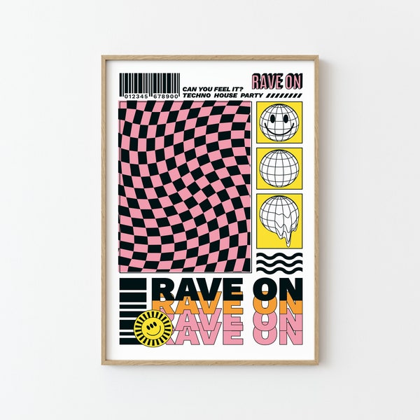 Rave, Techno Dance Poster, Wall Art, Trendy Posters, Large Wall Decor, Pink Designs, Ibiza Wall Art, Acid Rave, Prints, A2, A3